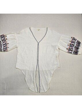 Max Studio Large Blouse White Boho Embroidered Bell-Sleeve Peasant Tie Front
